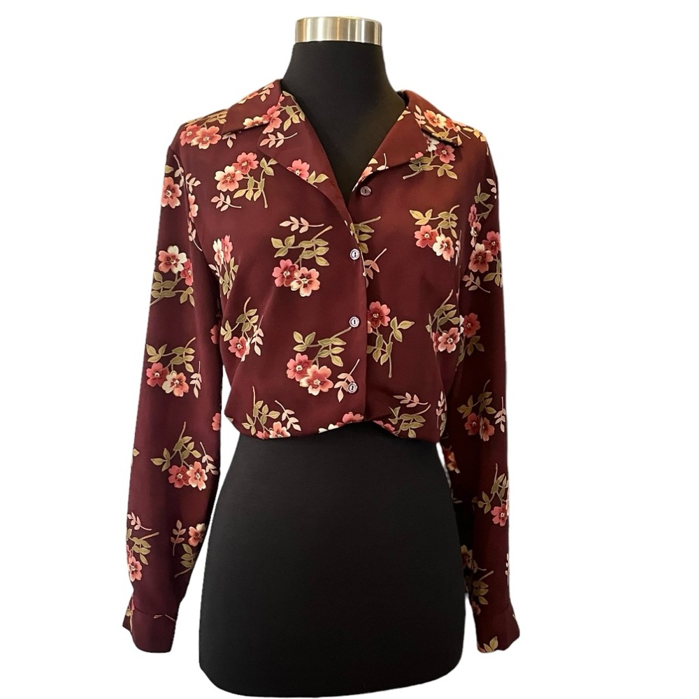 Vintage 90s floral blouse dark red pink flowers 10P Liz Baker Essentials